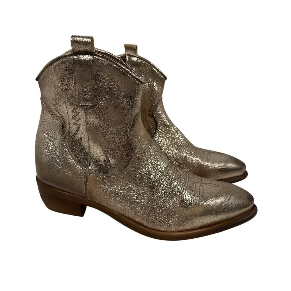 Sesto Meucci Texric‎ Western Ankle Bootie Womens 9 Italian Leather Metallic Gold